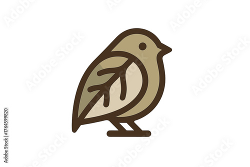 Minimalist stylized small bird icon featuring a prominent leaf pattern on the body