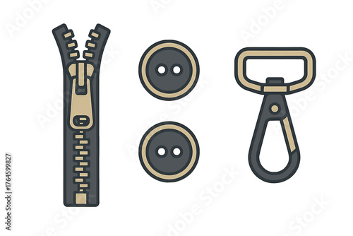 Essential sewing hardware set including zipper, buttons, and snap hook clip
