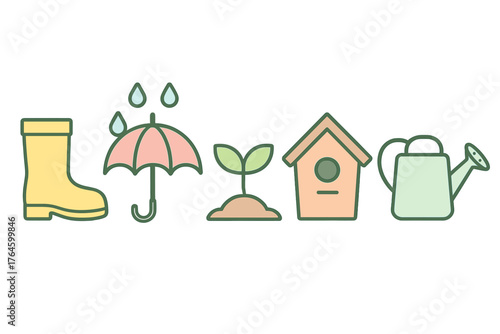 Set of spring and gardening items including rubber boot, umbrella, seedling, birdhouse, and watering can