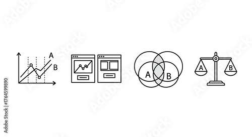 Hand drawn icons representing data analysis growth charts and balancing scales vector
