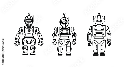Three retro vintage robots standing side by side as line art icons vector