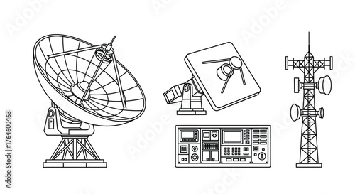 Detailed line art depicts satellite dish communication tower and electronic control panel set vector