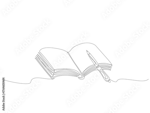 Minimalist continuous one line drawing of an open book with a pen, symbolizing creativity, education, and inspiration in simple elegant style. Editable stroke