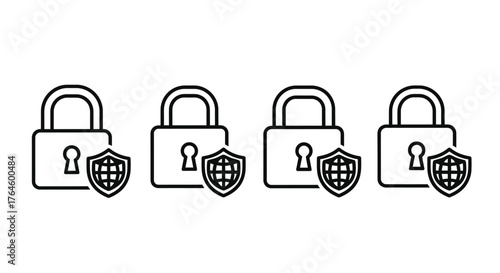 Set of four security padlock icons with globe shield symbolizing internet protection vector