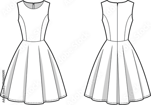 Women’s sleeveless dress flat sketch, CAD drawing, princess seam bodice, pleated flared skirt, vector template, garment design, technical fashion illustration