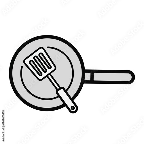 Spatula and Frying Pan icon representing cooking and kitchen utensils for culinary activities and food preparation