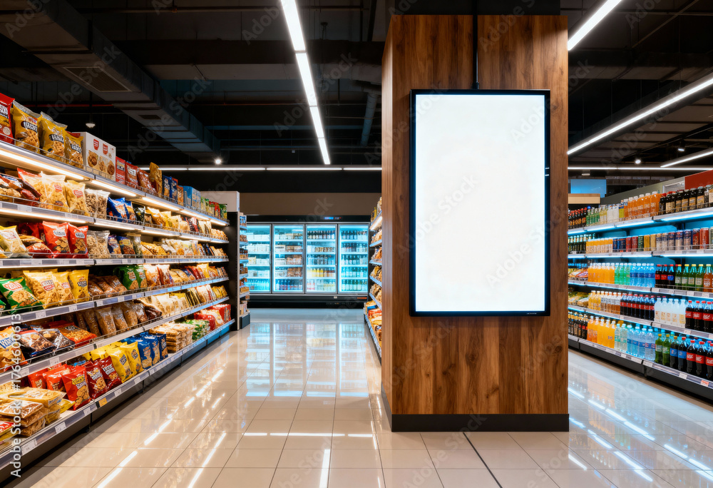 Fototapeta premium Contemporary Grocery Store Interior with Bright Lighting and Clean Reflective Floor