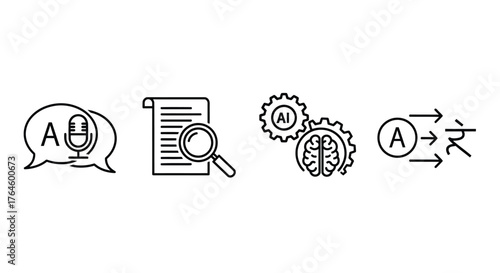 Ai language translation concept with speech recognition document analysis and machine learning gears vector