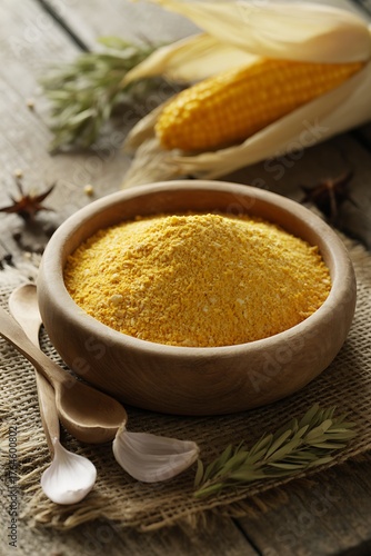 Rustic wooden bowl of golden cornmeal with aromatic spices