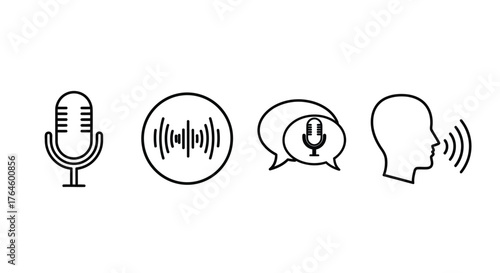 Audio recognition technology set microphone sound wave speech bubble and voice input symbols vector