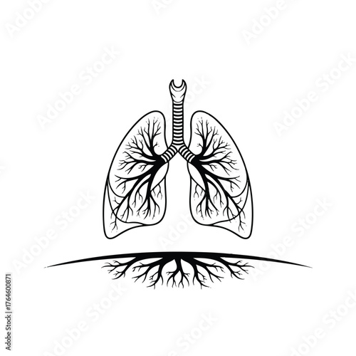 Elegant black and white line art depicting the human respiratory system, highlighting the detailed bronchial tree within the lungs, a symbol of vital breath and well-being