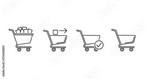 Set of shopping cart icons with varying contents and status for e-commerce and retail designs vector