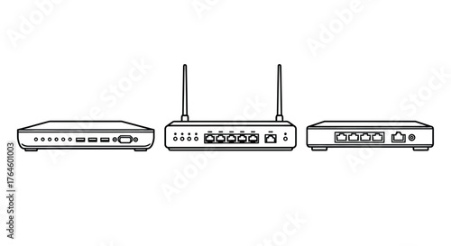 Three network routers and modems side by side for internet connectivity technology vector