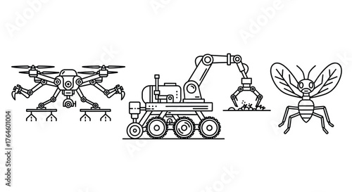 Futuristic robotics technology set drone robot arm and insectoid machine line art vector