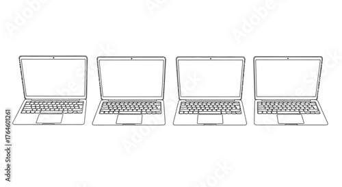 Four open laptops lined up creating a technological display of modern computing devices vector