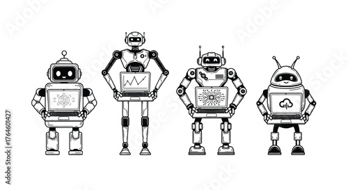 Diverse group of retro futuristic robots standing together in a line artistic sketch style vector