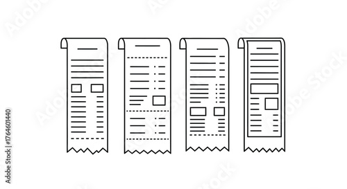 Four detailed hand drawn style receipts showing purchase lists and totals business transaction records vector