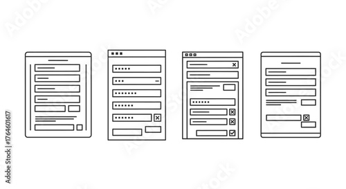 Four outlines of forms with text fields and checkboxes ready for data entry vector