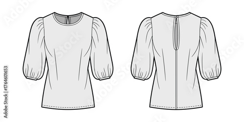 Women’s blouse flat sketch, puff sleeve princess seam design, round neckline fitted garment drawing, keyhole back fashion illustration, cad drawing flat vector illustration