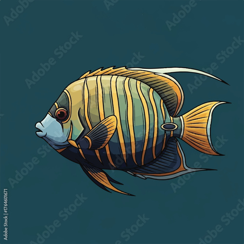 A colorful illustrated regal angelfish with vibrant yellow and blue stripes swimming, isolated on a deep sea background