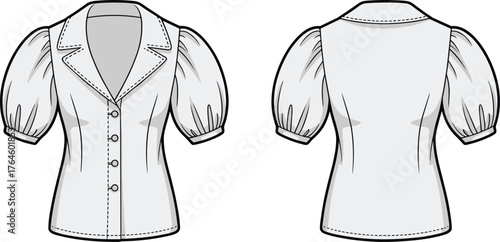 Women’s blouse flat sketch, puff sleeve fitted waist design, notched lapel collar button down garment drawing, short sleeve fashion illustration, cad drawing flat vector illustration