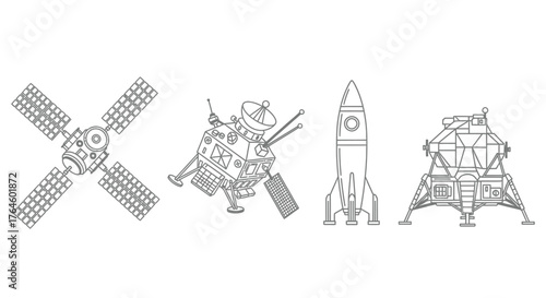 Collection of detailed hand-drawn sketches of space exploration vehicles and rockets vector