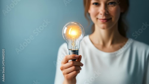 Inspiring woman casual white shirt holding glowing filament light bulb with grid pattern, symbolizing creativity, innovation, and bright ideas, capturing smiling, glowing moment of inspiration