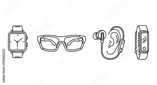 Collection of smartwatch fitness tracker eyeglasses and hearing aid icons depicting modern technology and health aids vector
