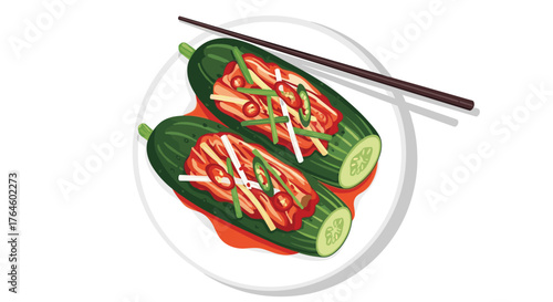 Korean Cucumber Kimchi Dish with Chopsticks on White Plate.