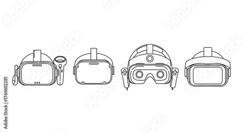 Collection of diverse virtual reality headsets and controllers for immersive gaming and entertainment vector