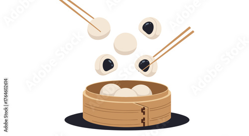 Steaming bamboo basket of delicious dim sum dumplings.