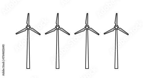 Four wind turbines silhouettes for renewable energy generation clean power and sustainable future vector