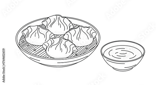Delicious dumplings served with dipping sauce, monochrome illustration.