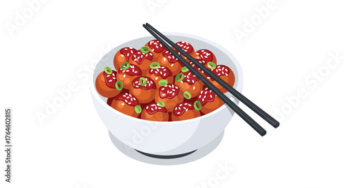 Delicious bowl of food with chopsticks, ready to eat.