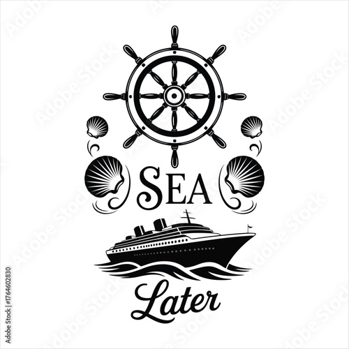 Nautical voyage emblem ship wheel seashells and cruise liner text sea later design vector