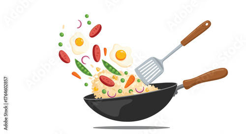 Cooking delicious fried rice with vegetables and eggs in a wok.