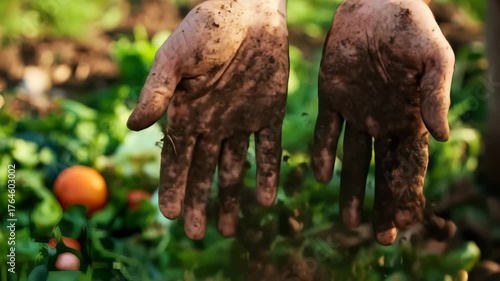 Hands covered in soil and dirt in lush outdoor garden showcasing thriving vegetables and plants, highlighting farming, organic cultivation, and natures growth process