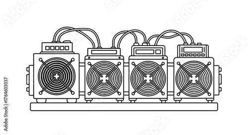 Cryptocurrency mining rigs array with multiple cooling fans and cables digital art vector