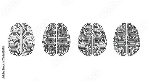 Abstract neural network circuitry brain pattern in four detailed views representing intelligence vector