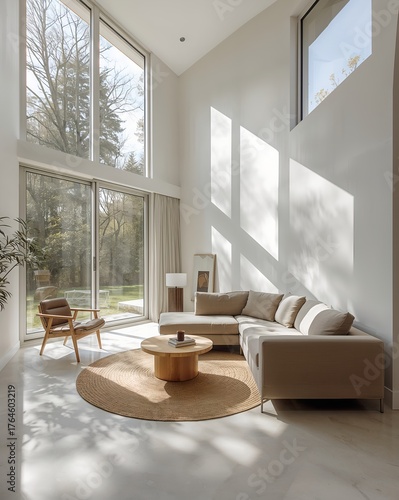 a bright living room with large windows and a modern interior decor