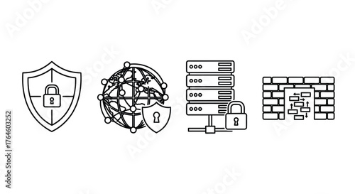 Digital security icons featuring shield globe server wall and padlock for data protection vector