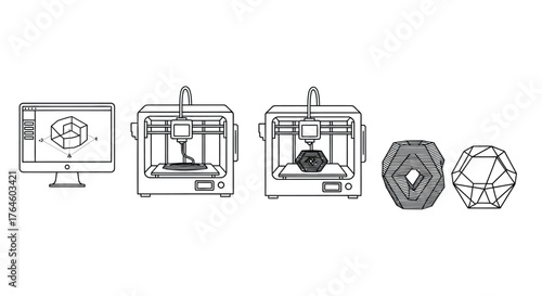 3d printing process showing design software machine operation and final object creation vector