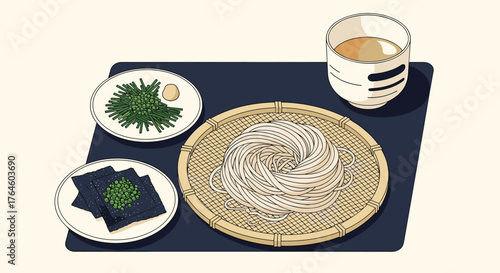Japanese Soba Noodles with Tea and Side Dishes.