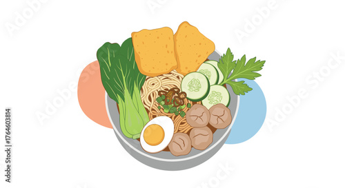 Delicious Indonesian Bakso Meatball Soup with Vegetables and Egg.