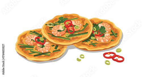 Delicious Korean seafood pancakes with shrimp and vegetables.