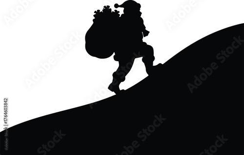 Vector Santa Claus climbing hill with sack silhouette illustration