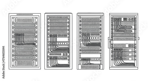 Retro computer rack systems vintage technology data processing equipment panels schematic diagrams vector