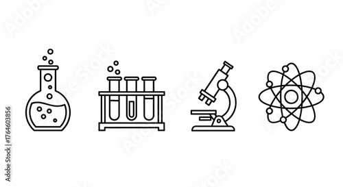 Science icons featuring flasks test tubes microscope and atom symbols for research and discovery vector