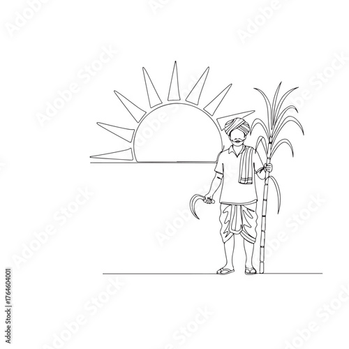 Farmer proudly holds sugarcane and sickle with sun rising over agricultural field