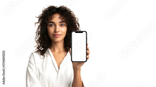 Woman holding smartphone showing blank screen, isolated on a white background